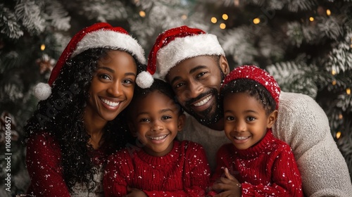 a cheerful family posing together for a festive Christmas card.