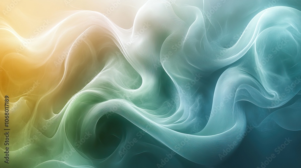 Abstract wave design with green and blue swirl lines, ideal for futuristic background designs with light pastel colors.