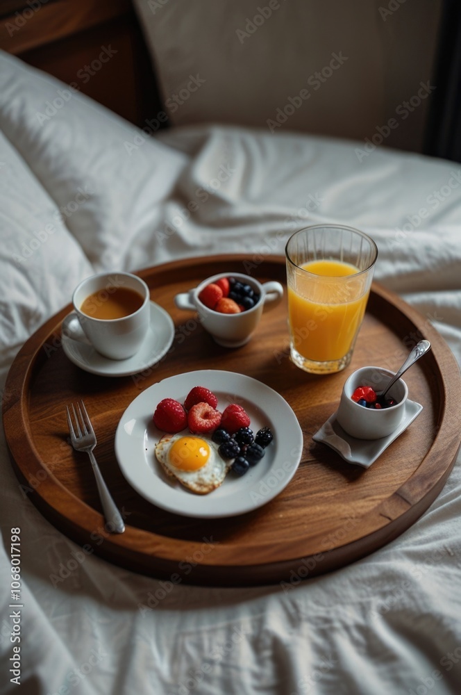 Top view wooden tray breakfast in bed hotel Top view wooden tray breakfast in bed hotel