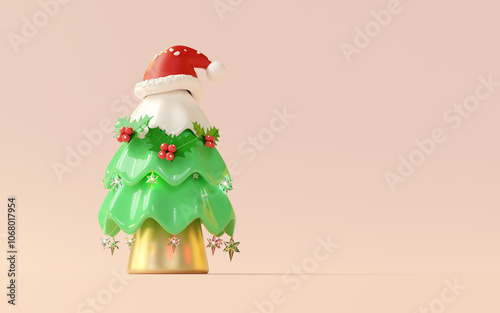 3d santa claus hat on christmas tree with snow, ornaments isolated on blue background. merry christmas and festive new year concept, 3d illustration render