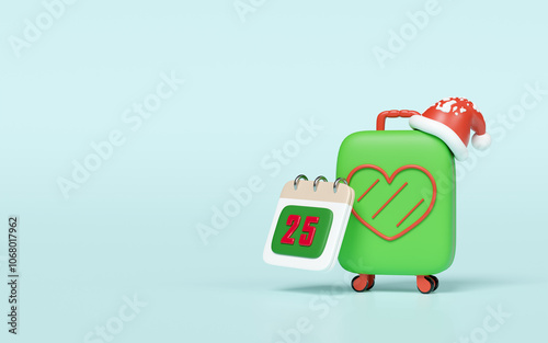 3d suitcase with calendar on December 25th, santa hat isolated on blue background. merry christmas and festive new year holiday travel concept, 3d illustration render