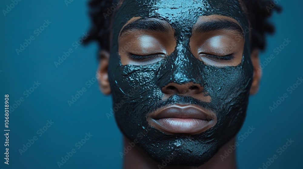 An African American man with a mud mask or cream on a blue background symbolizes natural beauty treatments, perfect for wellness and skincare banners.