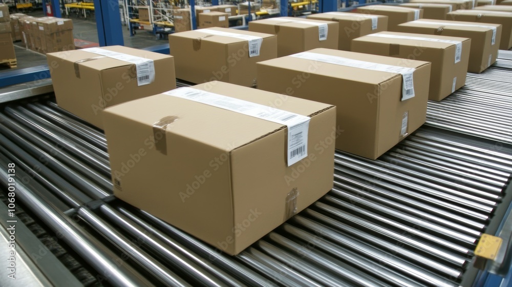 .Closeup of multiple cardboard box packages seamlessly moving along a conveyor - ai .Closeup of multiple cardboard box packages seamlessly moving along a conveyor - ai