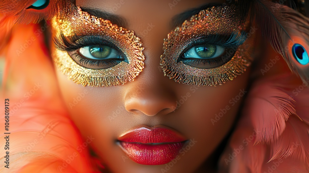 An African-American woman in a mysterious mask celebrates the Venetian carnival, adding an element of intrigue and glamour to the party. An African-American woman in a mysterious mask celebrates the Venetian carnival, adding an element of intrigue and glamour to the party.