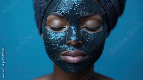An African woman with a mud mask on a blue background represents natural skincare treatments, perfect for beauty and wellness banners.