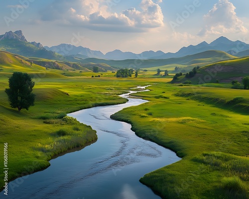 A river flowing gently through a green valley with mountains in the distance