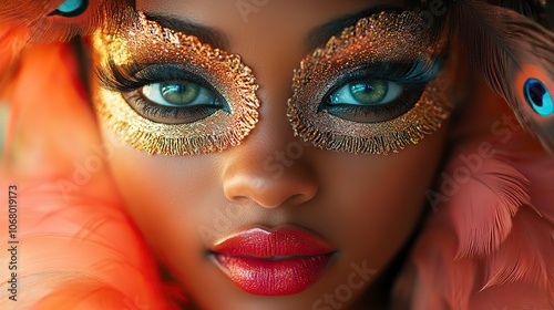 An African-American woman in a mysterious mask celebrates the Venetian carnival, adding an element of intrigue and glamour to the party.