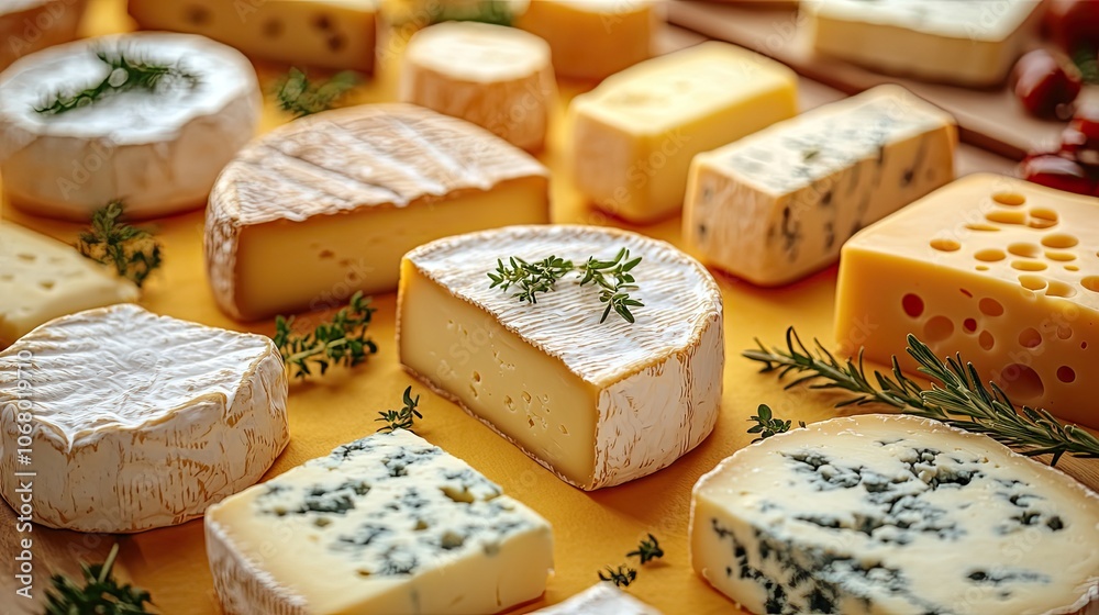 An assortment of gourmet cheeses on a vibrant yellow background, featuring different varieties like Camembert and blue cheese, perfect for food advertising. An assortment of gourmet cheeses on a vibrant yellow background, featuring different varieties like Camembert and blue cheese, perfect for food advertising.