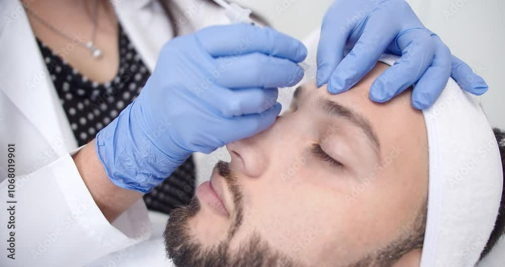 Beautiful slow motion profile shot of a young bearded man receiving a beauty treatment in a dermatology clinic while a female doctor injects him with botox Beautiful slow motion profile shot of a young bearded man receiving a beauty treatment in a dermatology clinic while a female doctor injects him with botox