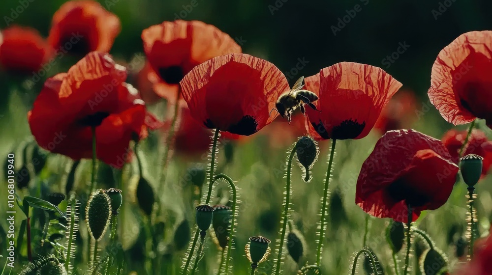 Vibrant Poppies with Bee in Natural Spring Setting Vibrant Poppies with Bee in Natural Spring Setting