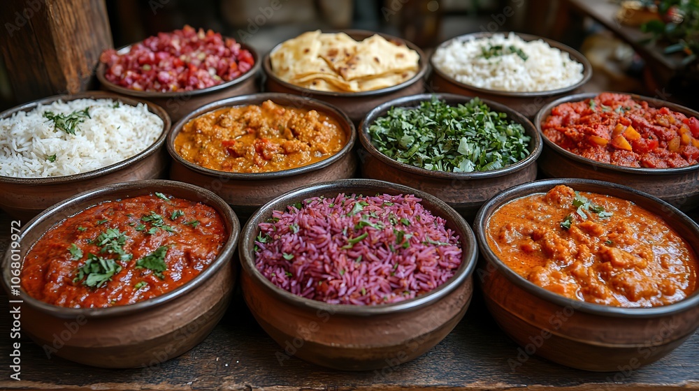 An assortment of Indian food dishes in bowls, offering a vibrant feast of curries, rice, and naan bread.