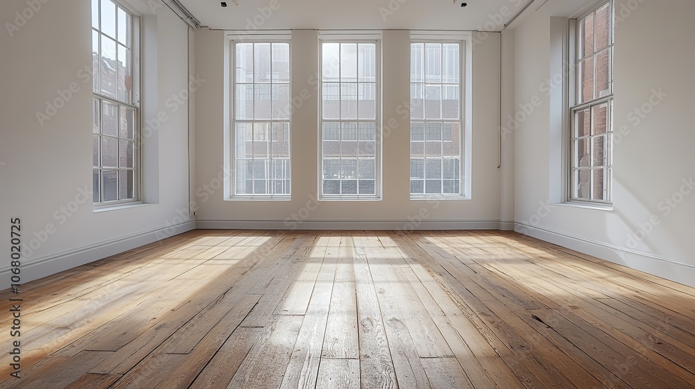 Fototapeta premium An empty white room featuring wooden floors and large windows, symbolizing a versatile interior space ready for product branding, creative showcases, or interior design projects.