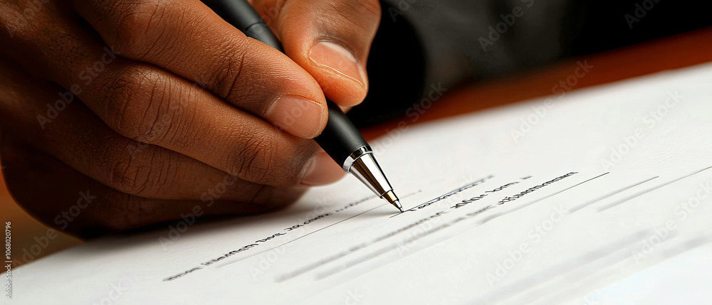 Close up of a man's hand holding a pen and signing a contract document on white paper, generative AI