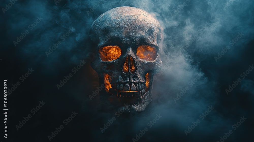 An evil skeleton skull with smoke on a black background, perfect for gothic Halloween-themed greeting cards, posters, or banners with space for text or campaign messaging.