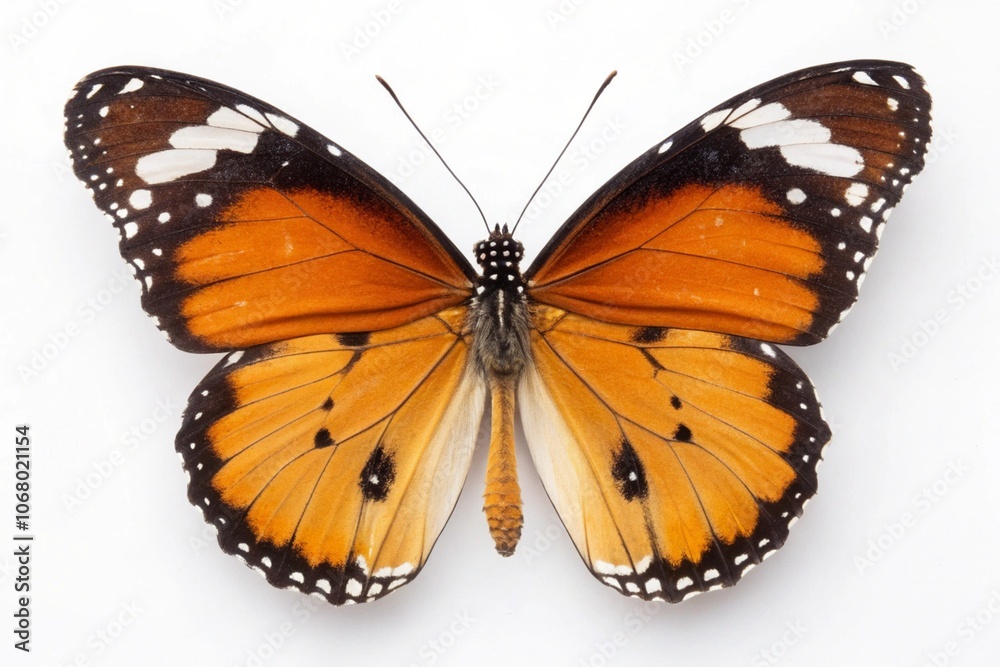 Obraz premium Macro of butterfly isolated on white background, Danaus chrysippus, top view