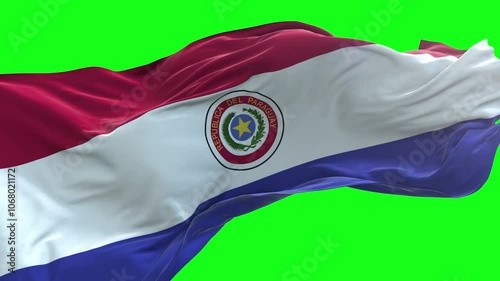 Paraguay flag - 3D realistic waving flag on green screen background for chroma key