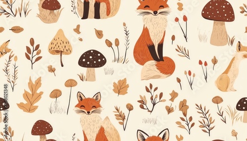 Cute fox with mushrooms and leaves seamless pattern.