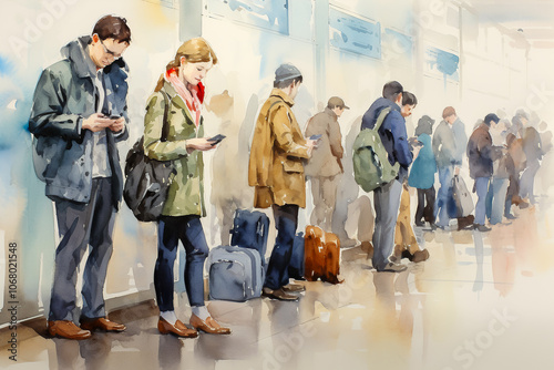Passengers stand in line at an airport terminal, holding their phones and luggage, waiting in a calm and organized manner.