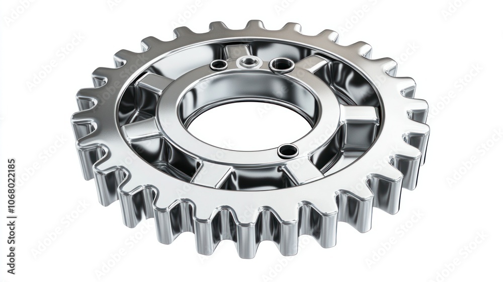 3D silver gear with smooth, polished details, rendered in top view and isolated on white.