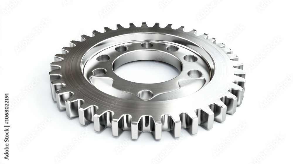 3D silver gear with smooth, polished details, rendered in top view and isolated on white. 3D silver gear with smooth, polished details, rendered in top view and isolated on white.