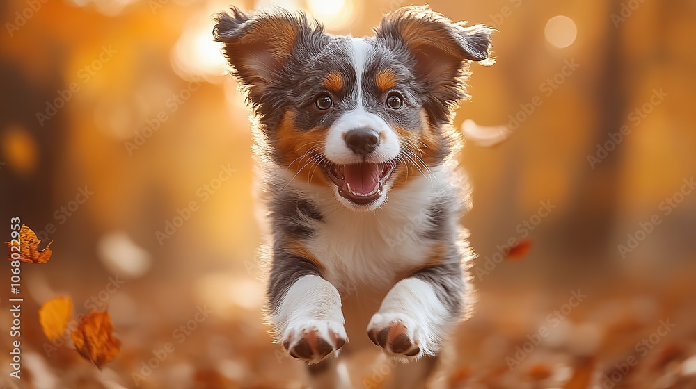 Australian shepherd puppy running in an autumn field, showcasing playful pet moments in nature. Australian shepherd puppy running in an autumn field, showcasing playful pet moments in nature.