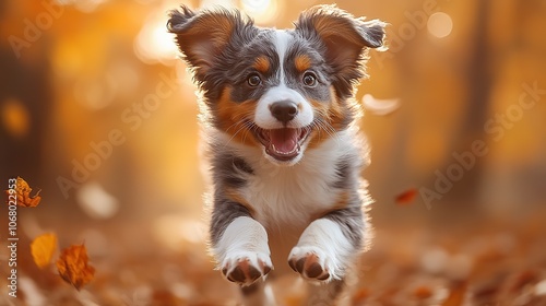 Australian shepherd puppy running in an autumn field, showcasing playful pet moments in nature.