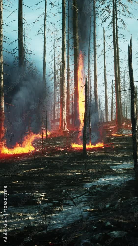 Forest fire with Burned trees after wildfire Forest fire with Burned trees after wildfire