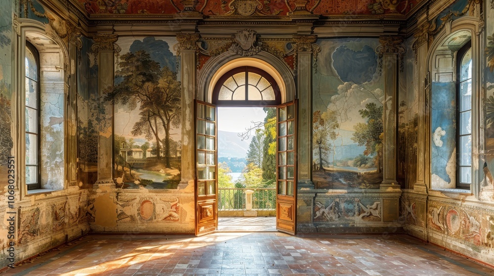 Beautifully aged frescoed room of a historic villa, adorned with landscape murals and an open view to a lush garden. Beautifully aged frescoed room of a historic villa, adorned with landscape murals and an open view to a lush garden.