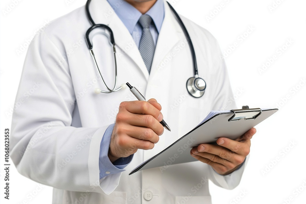 Hands, doctor and clipboard writing notes for hospital schedule, history record or healthcare checklist. Paper, documents or person with life insurance with medical aid, prescription or test results