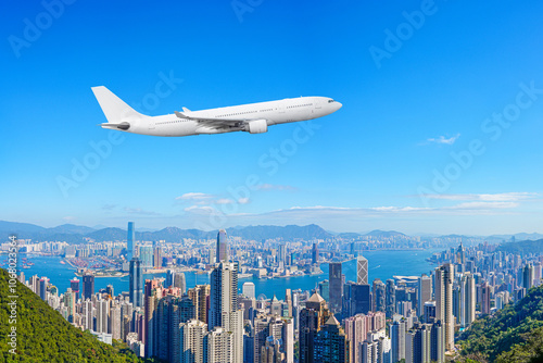 Photography Passenger plane jet flies ide view in blue sky over the city