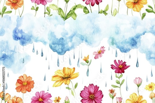 Watercolor illustration of colorful flowers with a blue watercolor cloud and raindrops.