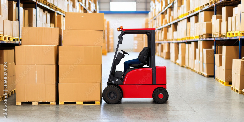 Naklejka premium Efficient red forklift in warehouse surrounded by stacked boxes