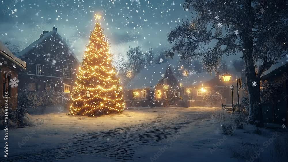 Enchanting Winter Village with Christmas Tree Seamless Loop Enchanting Winter Village with Christmas Tree Seamless Loop