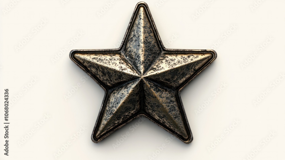 Obraz premium Detailed metallic star icon, viewed from above in 3D, set on a plain white background for a clean look.