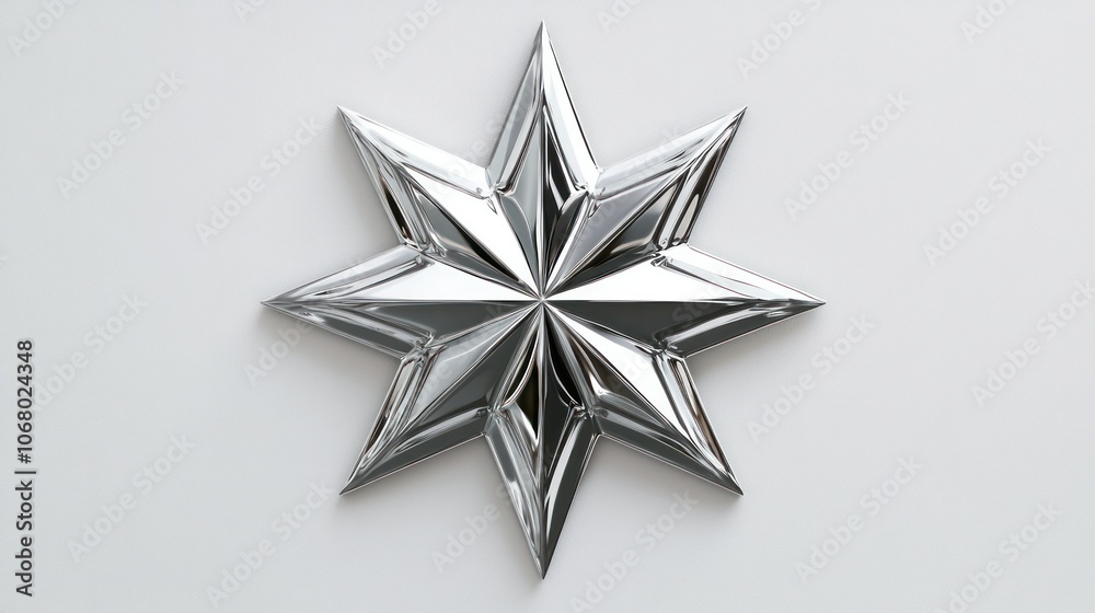 Detailed metallic star icon, viewed from above in 3D, set on a plain white background for a clean look. Detailed metallic star icon, viewed from above in 3D, set on a plain white background for a clean look.