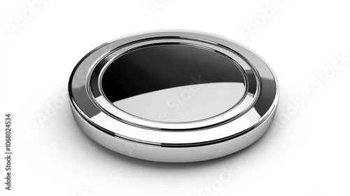 Elegant chrome coin symbol, isolated on a white background in 3D, with a sleek, reflective silver surface.