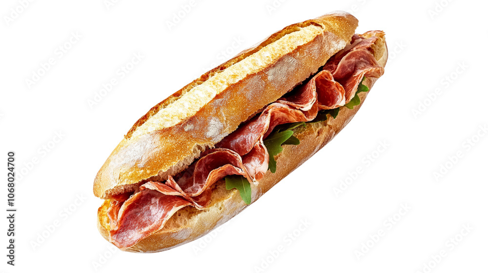 A long sandwich with ham and lettuce on a white background