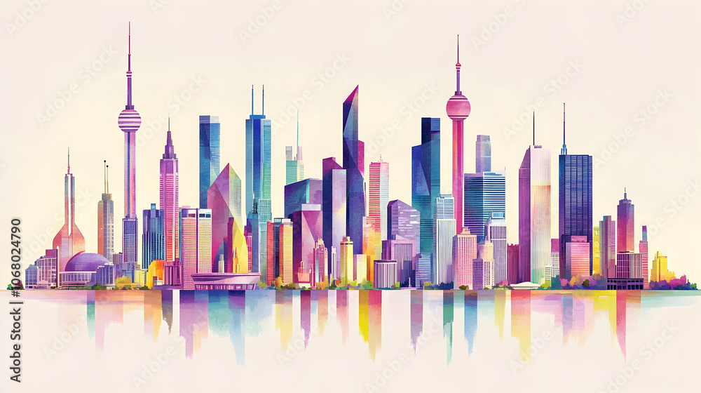 Colorful cityscape with skyscrapers reflected in water. Colorful cityscape with skyscrapers reflected in water.