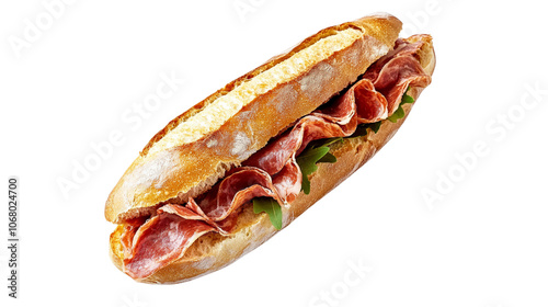 Obraz na płótnie A long sandwich with ham and lettuce on a white background w salonie