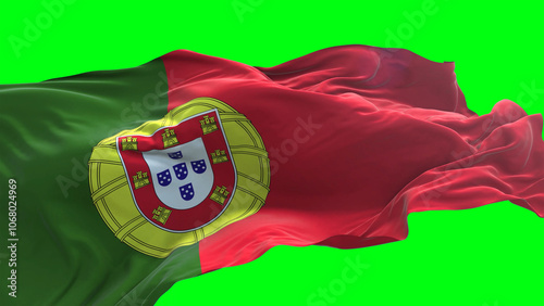 Portugal flag - 3D realistic waving flag on green screen background for chroma key