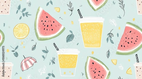 Watercolor seamless pattern with watermelon, lemonade, and leaves.