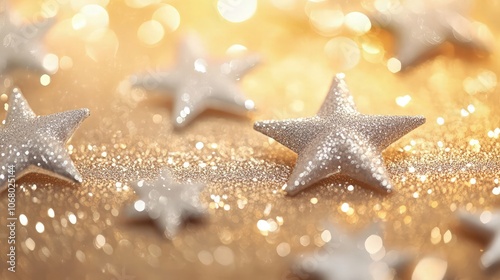 A sparkling Christmas and New Year background with silver and gold stars scattered across a soft bokeh effect in warm golden tones, creating a festive glow. photo