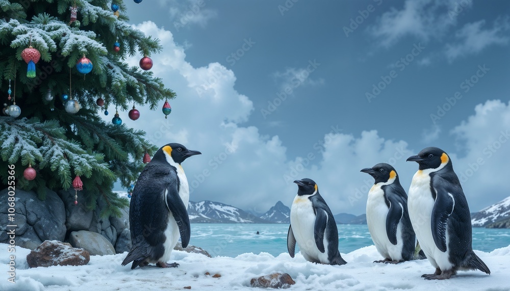 Fototapeta premium Emperor penguins by Christmas tree in snowy landscape