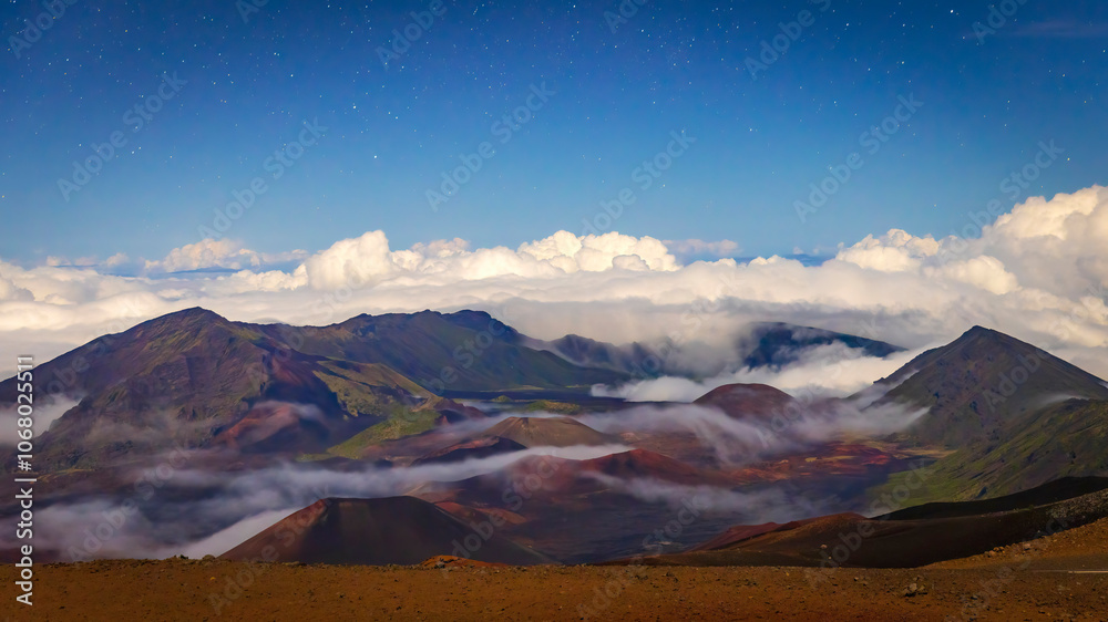 Landscape view at night with stars at the top of Haleakala National Park in Hawaii.