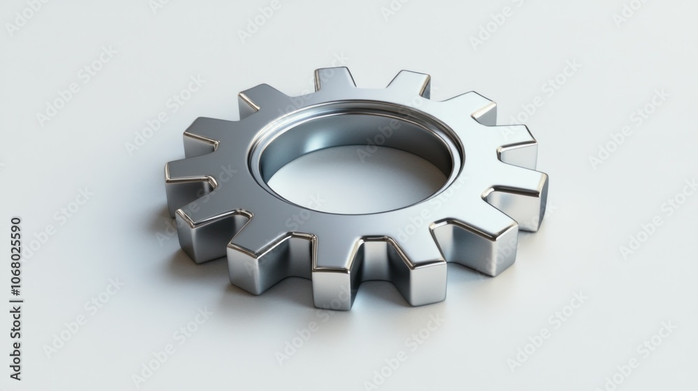 High-detail metallic gear symbol in 3D, rendered in silver on a plain white background for clarity. High-detail metallic gear symbol in 3D, rendered in silver on a plain white background for clarity.