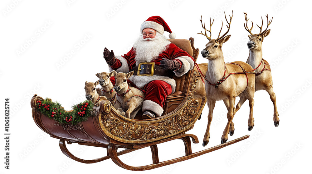 A santa with reindeer pulling him on a sleigh
