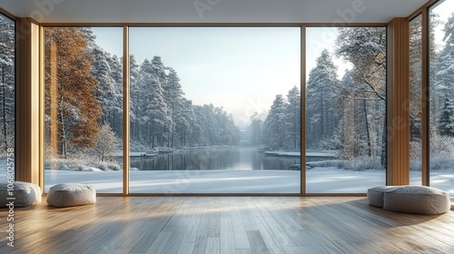 Bright, empty Scandinavian-style room template with large windows showcasing a wintery landscape, offering a serene wooden interior atmosphere.