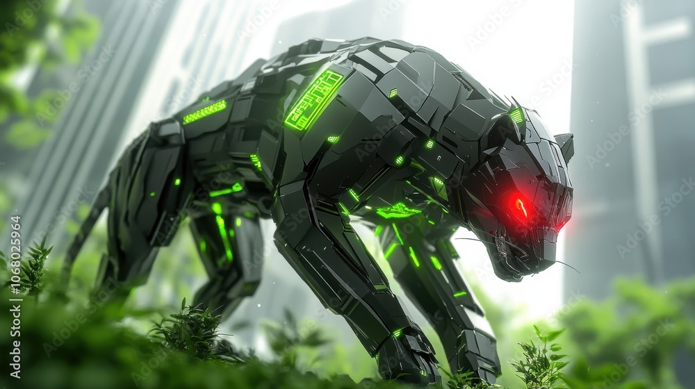 Explore the futuristic world of a robotic panther embodying nature and technology in urban landscapes Explore the futuristic world of a robotic panther embodying nature and technology in urban landscapes