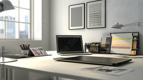 Modern home office workspace with laptop, tablet, and digital drawing pad.