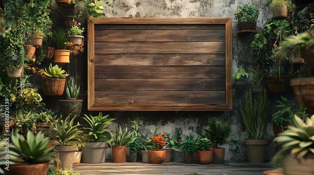 rustic wooden billboard near the indoor plant section of a nursery store, surrounded by potted plants rustic wooden billboard near the indoor plant section of a nursery store, surrounded by potted plants